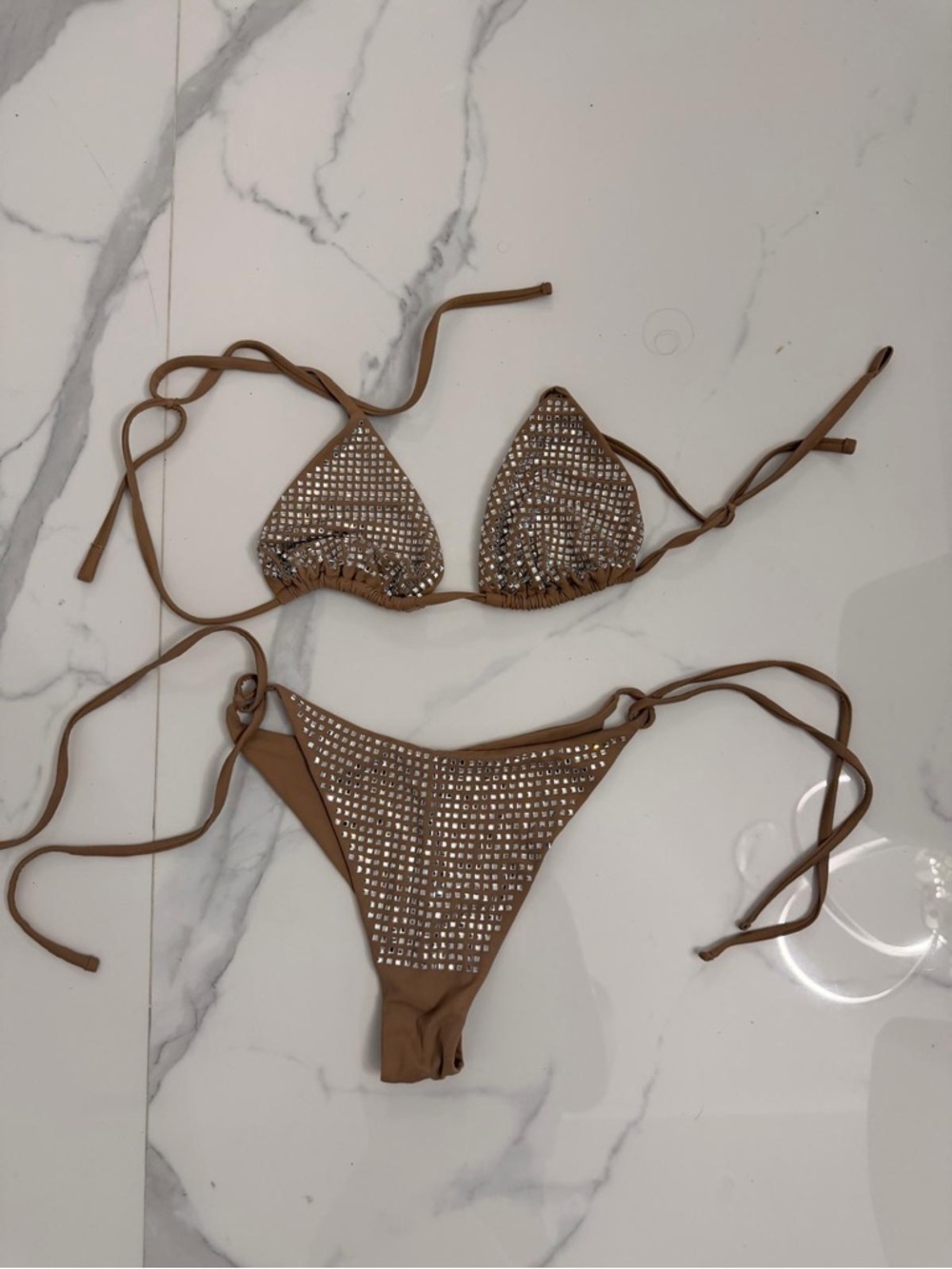 Taupe Crystal-Embellished Triangle Bikini Set - Women Swim